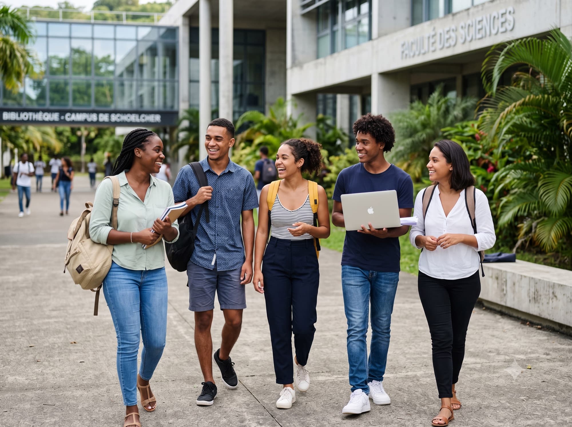 Étudiants échangeant et souriant ensemble sur un campus universitaire