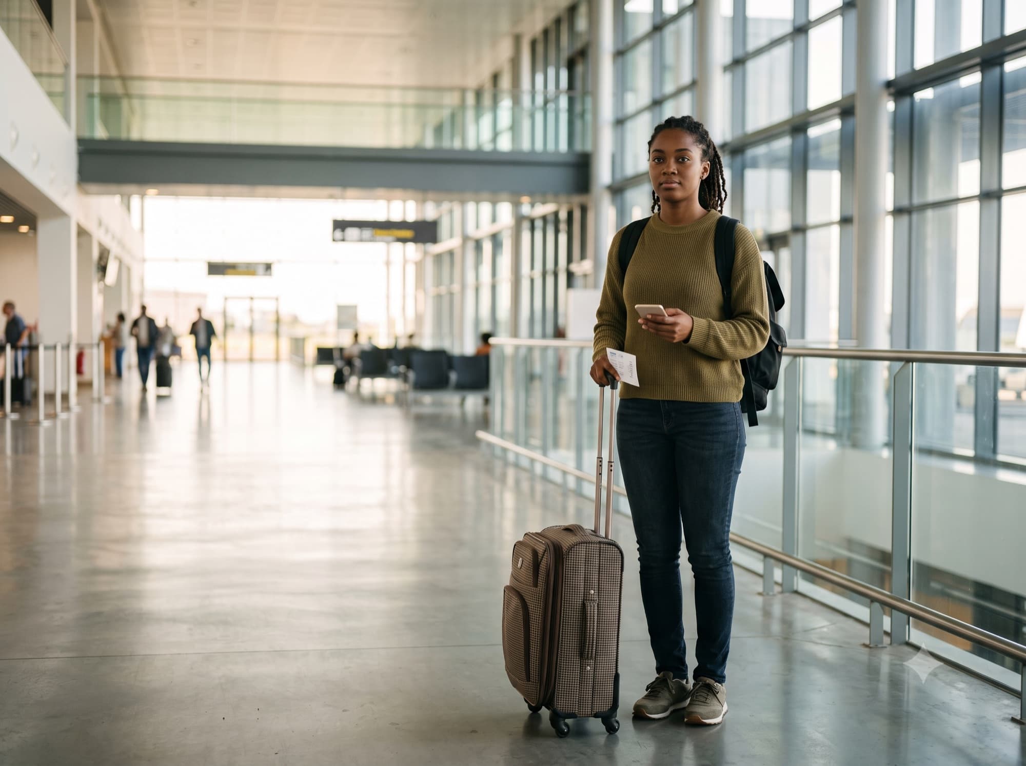 Étudiante à l'aéroport avec sa valise, prête pour son grand départ