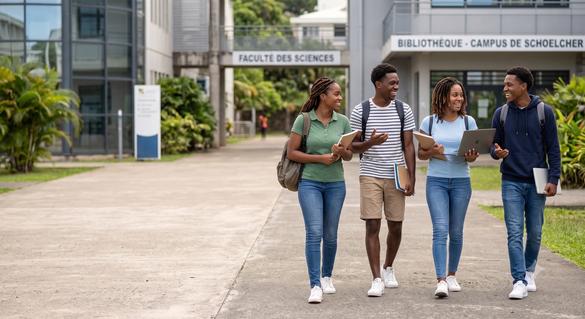 Groupe d'étudiants ultramarins souriants sur un campus universitaire