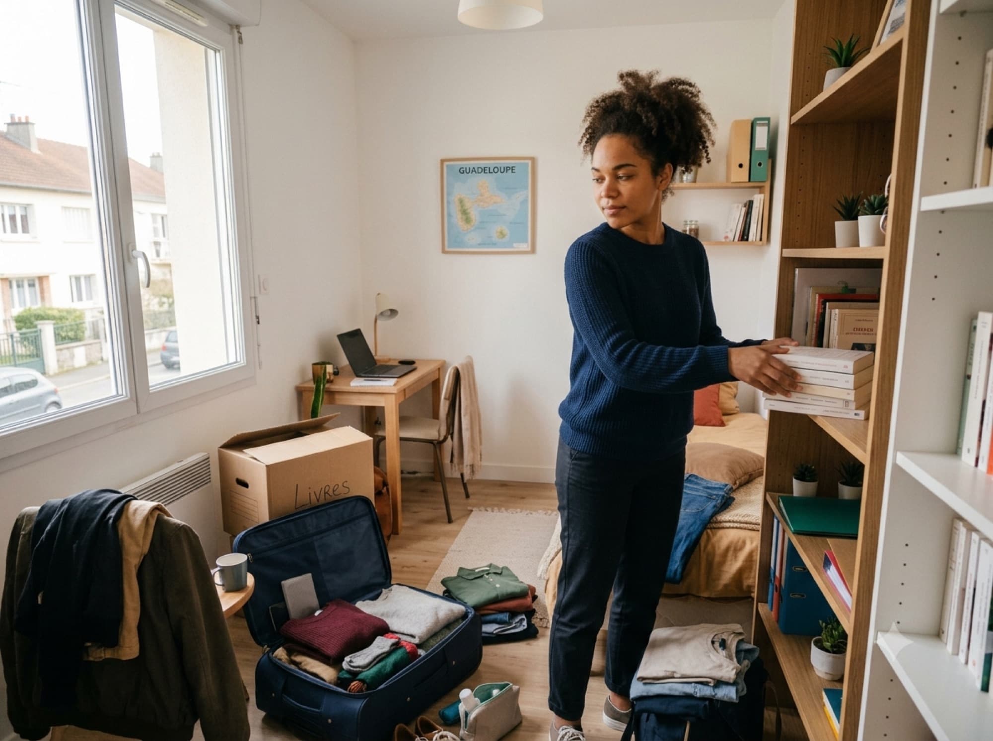 Étudiante installant ses affaires dans son nouveau logement étudiant