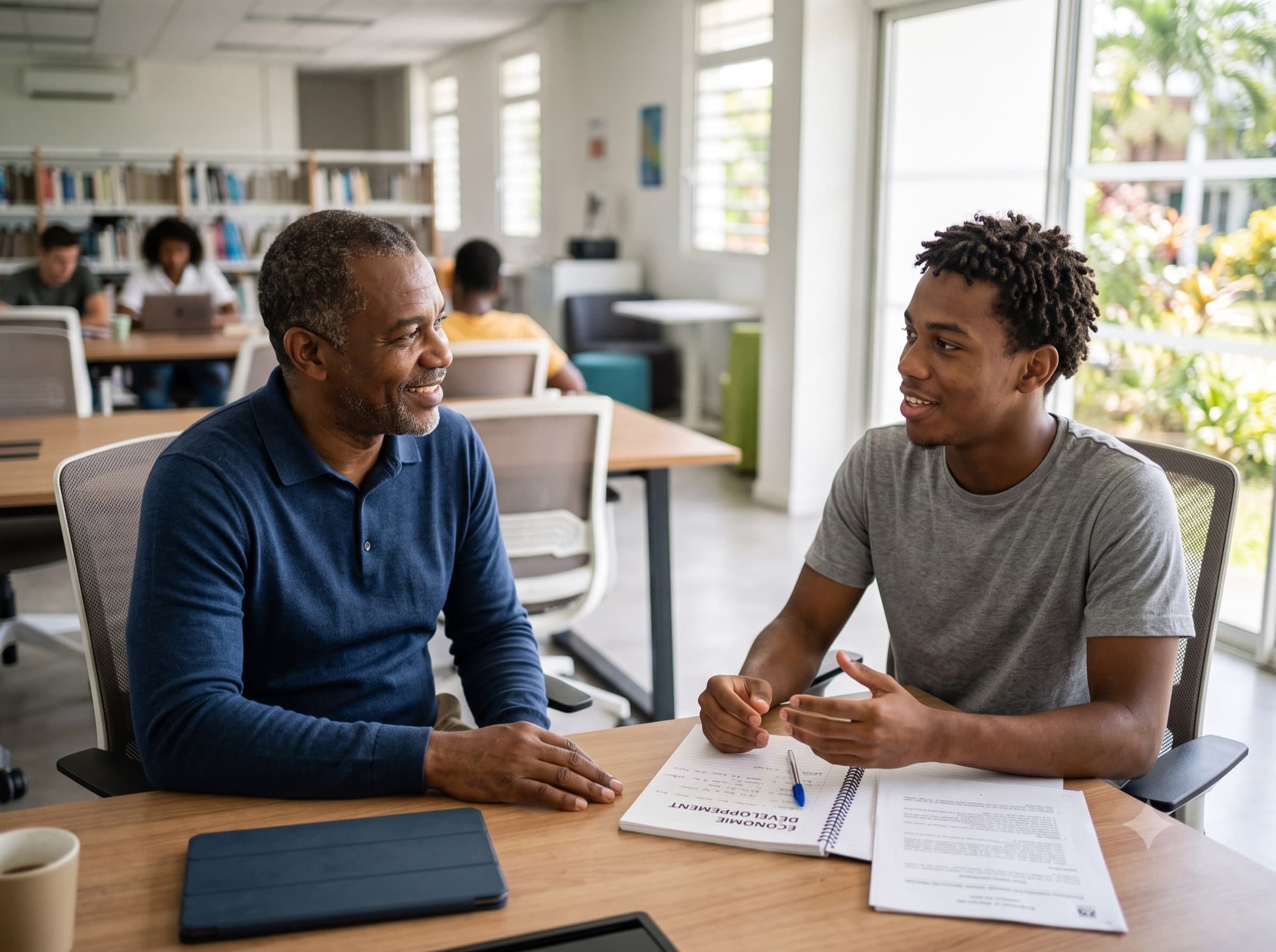 Échange entre un mentor et un étudiant, assis autour d'une table